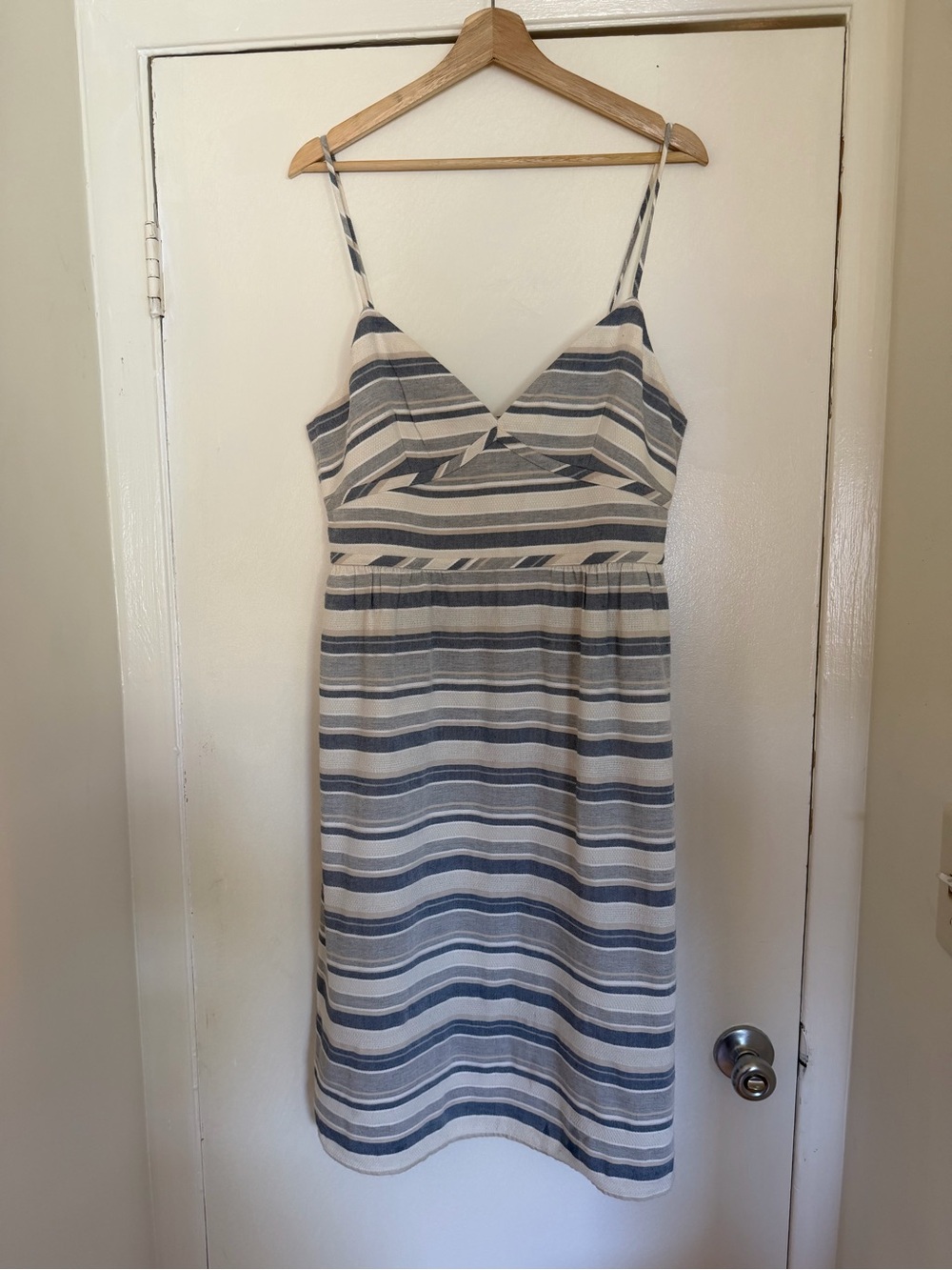 Theory Blue & Cream Striped Spaghetti‑Strap Midi Dress